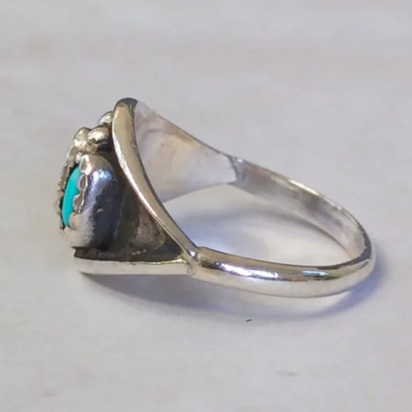 Sterling Silver Turquoise Trio Ring, Sz 5.25 — Southwest serrated bezel - Picture 3 of 13